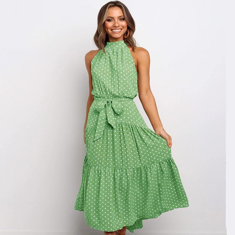 Women Solid Dot Long Dresses 2025 Summer Sexy Halter Strapless Lace Up Dress Female Boho Beach Holiday Maxi Dresses Casual Robe
