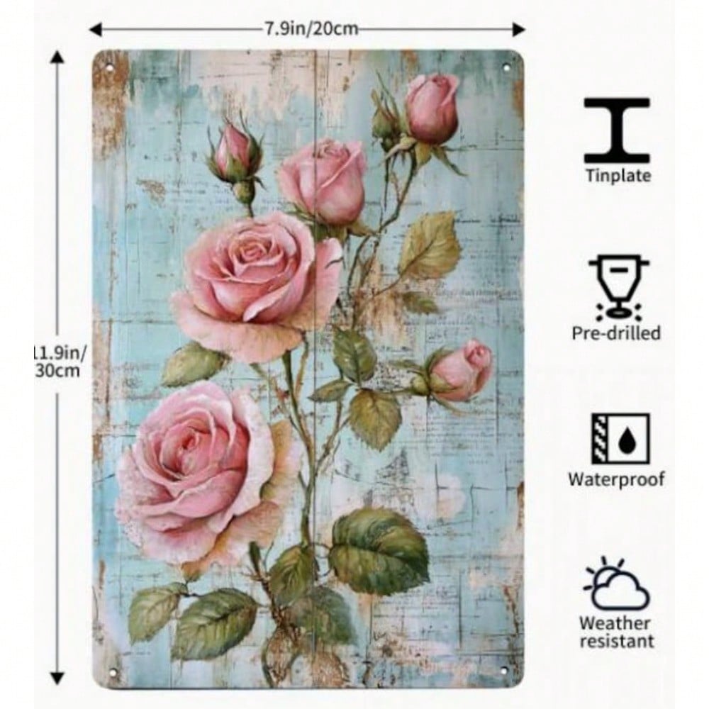 Vintage Floral Metal Tin Sign Pink Roses Green Leaves Wall Art 8x12 Inch Home Decor