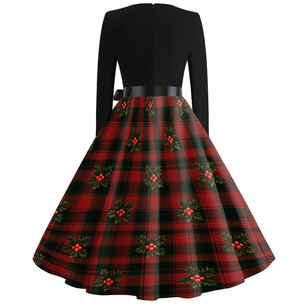 Women's Vintage V-Neck Christmas Print Casual Dress for Holiday Party