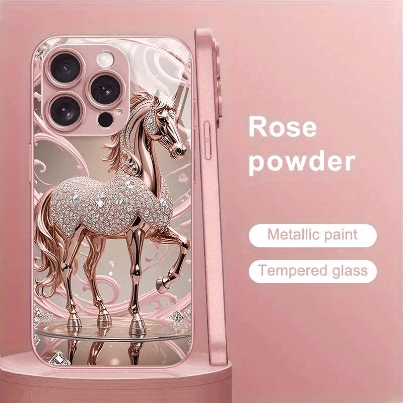 Luxus-Diamant-Pferde-Muster Rosa Metallisches Glas-Handyhülle Für iPhone 17 16 15 14 13 12 11 Pro Max 15 14 Plus 17 Air 16E Hülle