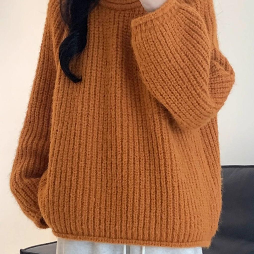 Autumn Winter Women's Cream Yellow Sweater Loose Slimming Lazy Style Outer Wear Knit Crew Neck Pullover Top