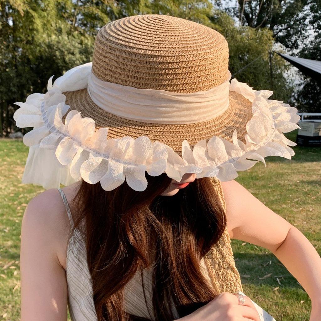 Wide Brim Sun Hat Exquisite Outdoor Vacation Sun Hat Women'S Flat Top Straw Sun Hat Adjustable For Beach Vacation Picnic Seaside