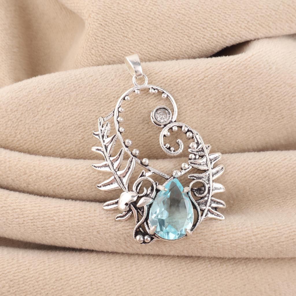 Sky Blue Topaz Gemstone 925 Sterling Silver Jewelry Partywear Pendant 1.8" For Gift CP-42-16