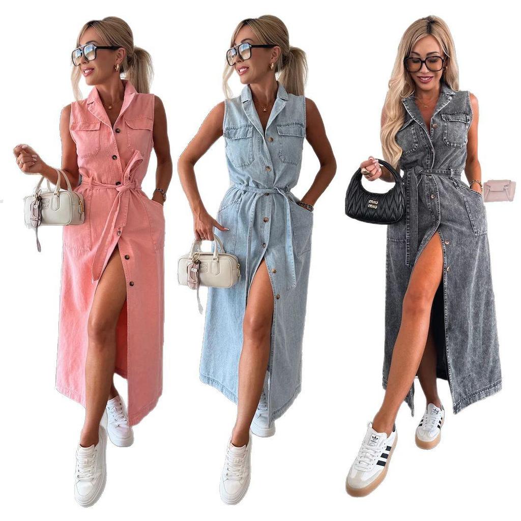 European & American Style Sleeveless Tie-Waist Denim Dress