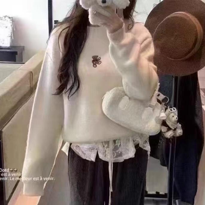 Korean Embroidered Bear Knit Sweater, Soft & Warm for Autumn/Winter