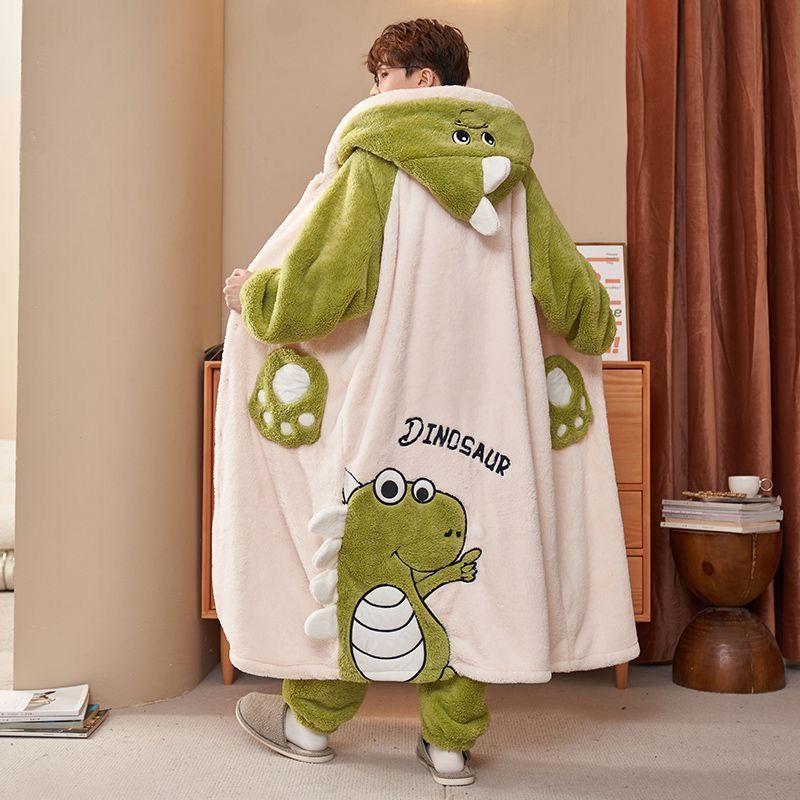 Autumn and Winter Pajamas Suit Men Coral Fleece Nightgown Winter Large Size of Thickened Warm Cartoon Hooded Home Clothes Set