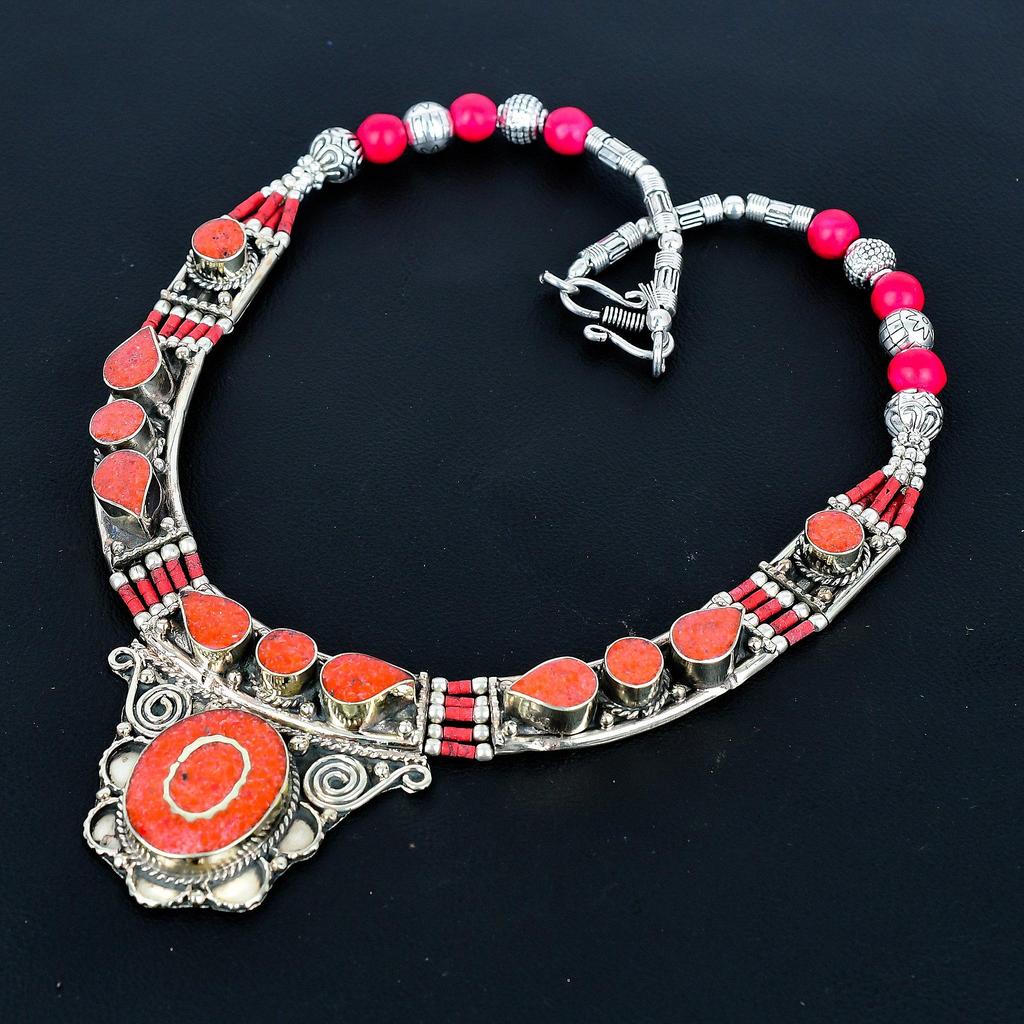 Rote Koralle 925 Sterlingsilber Halskette Tibetische Silber Halskette Böhmische Antike Halskette Handgefertigter Schmuck Nepalesische Halskette Geschenk für Ehefrau