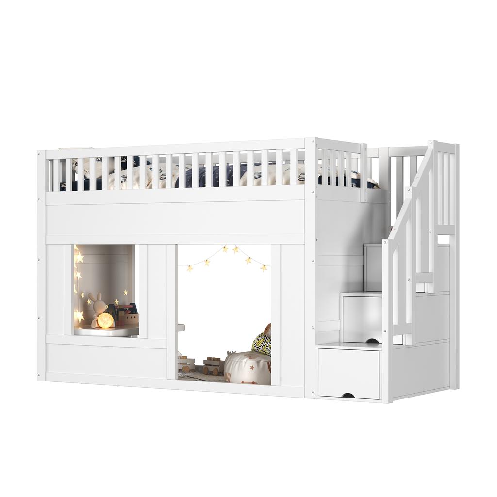 Kinderbett, Etagenbett (90 x 200 cm), Hochbett, Multifunktionsbett mit Treppenschrank, Umbaubare Spielfläche darunter, ohne Matratze, Weiß