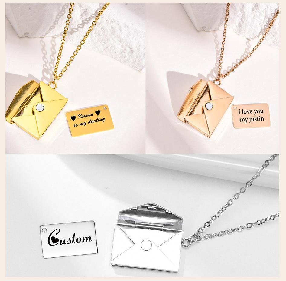 Customzied Envelope Locket Necklace Pendant For Women, Stainless Steel Love Letter Engrave Personalized Secret Message Jewelry