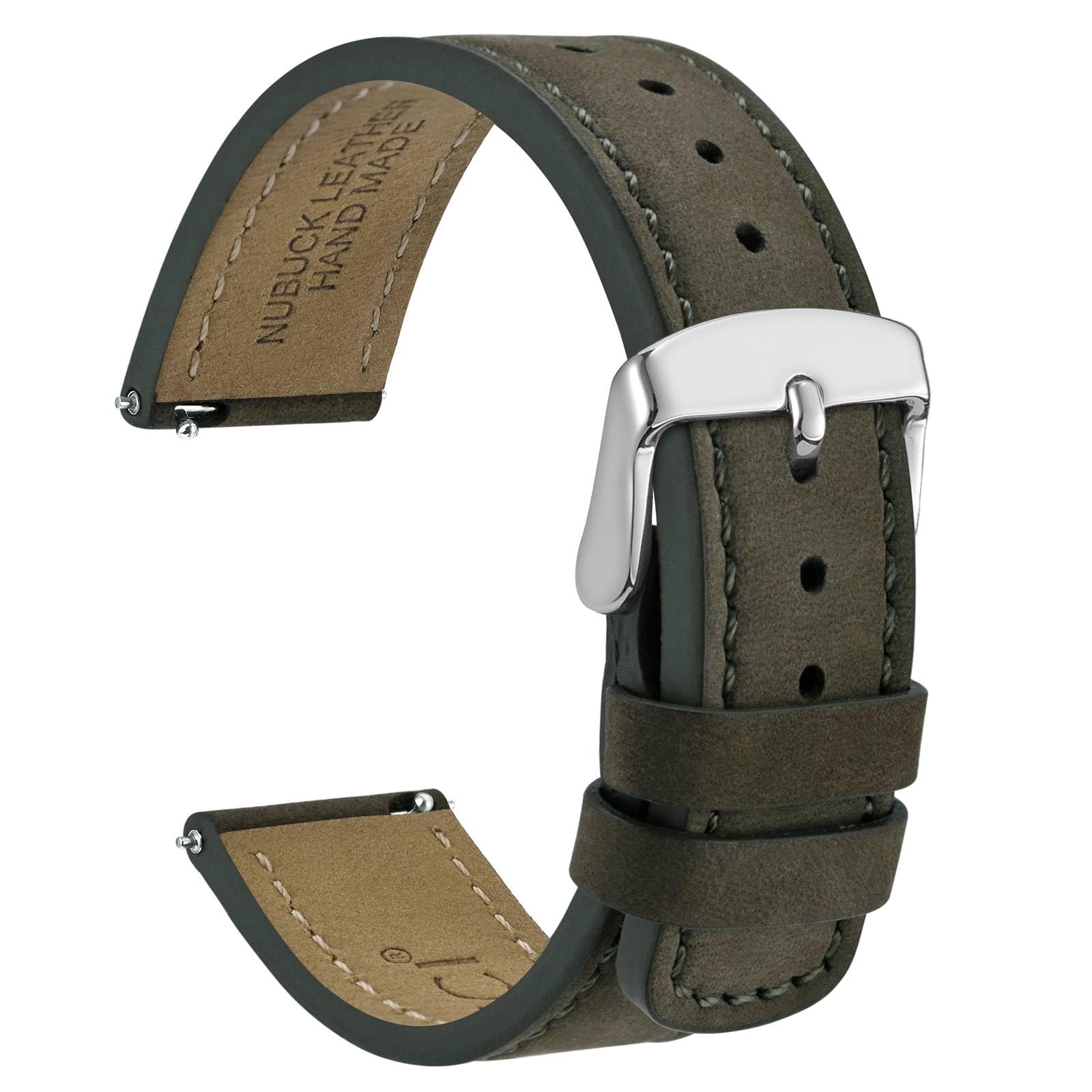 

Quick Release Leather Watch Strap 22mm Nubuck Watch Band Army Buckle [WOCCI] Green/Silver