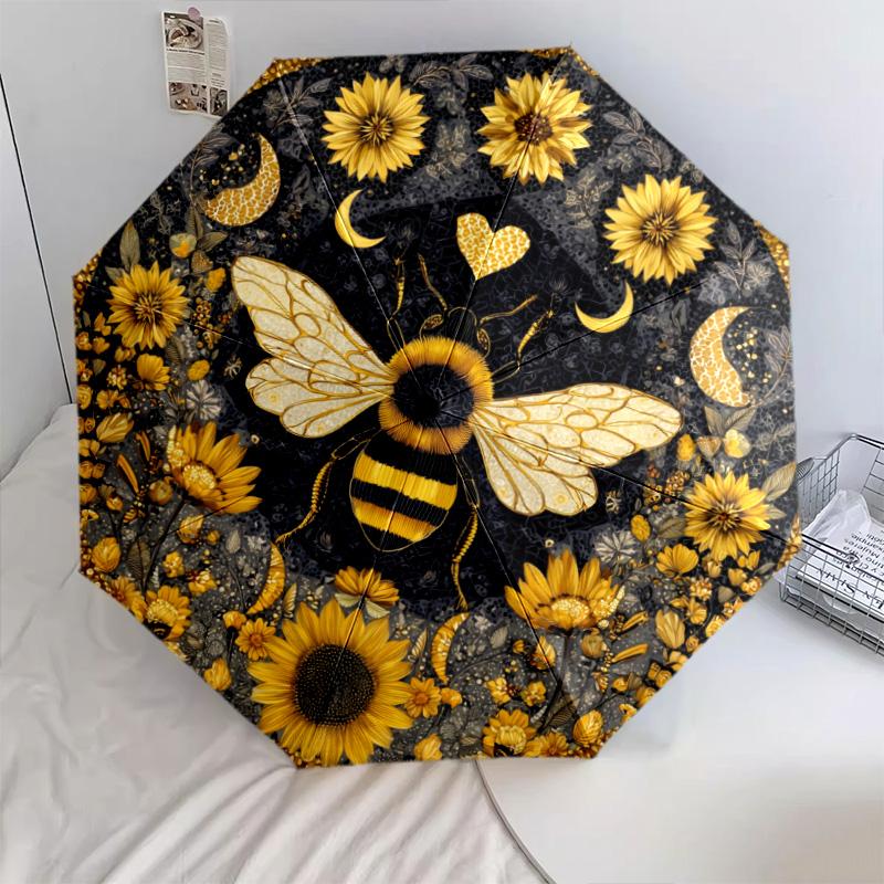 Bee Flower  Pattern, Automatic Folding Umbrella, Portable and Foldable Design, 8 Ribs, a Christmas or Birthday Gift.