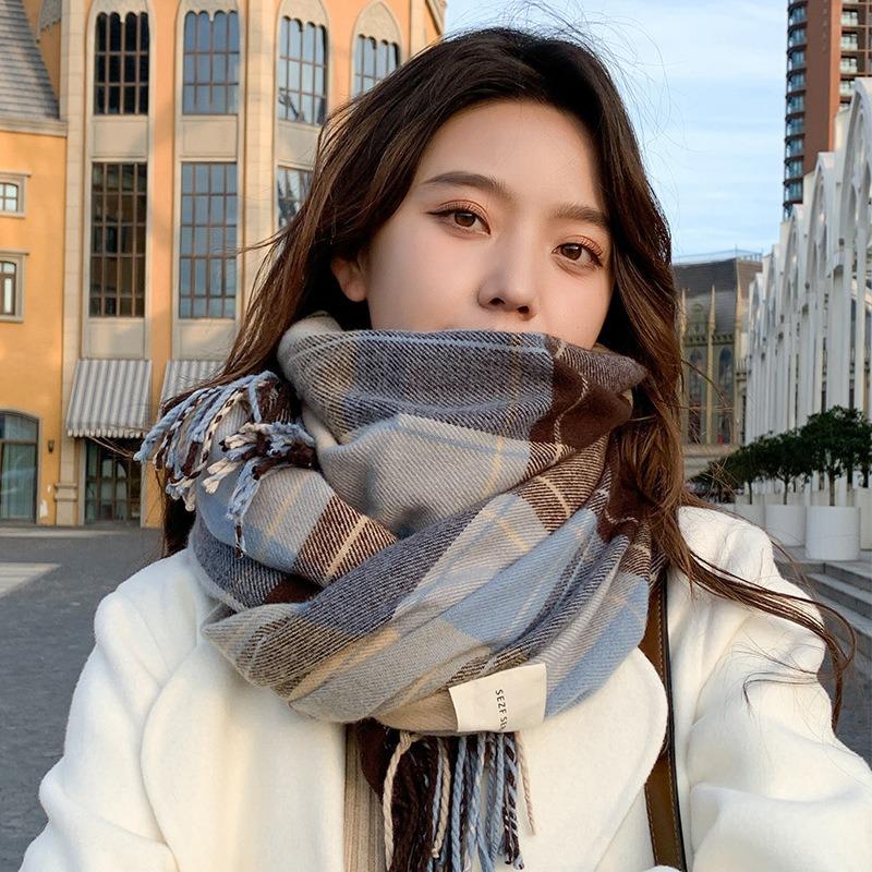 Autumn and winter khaki plaid scarf commuter ladies scarf long shawl dual-purpose Christmas wind