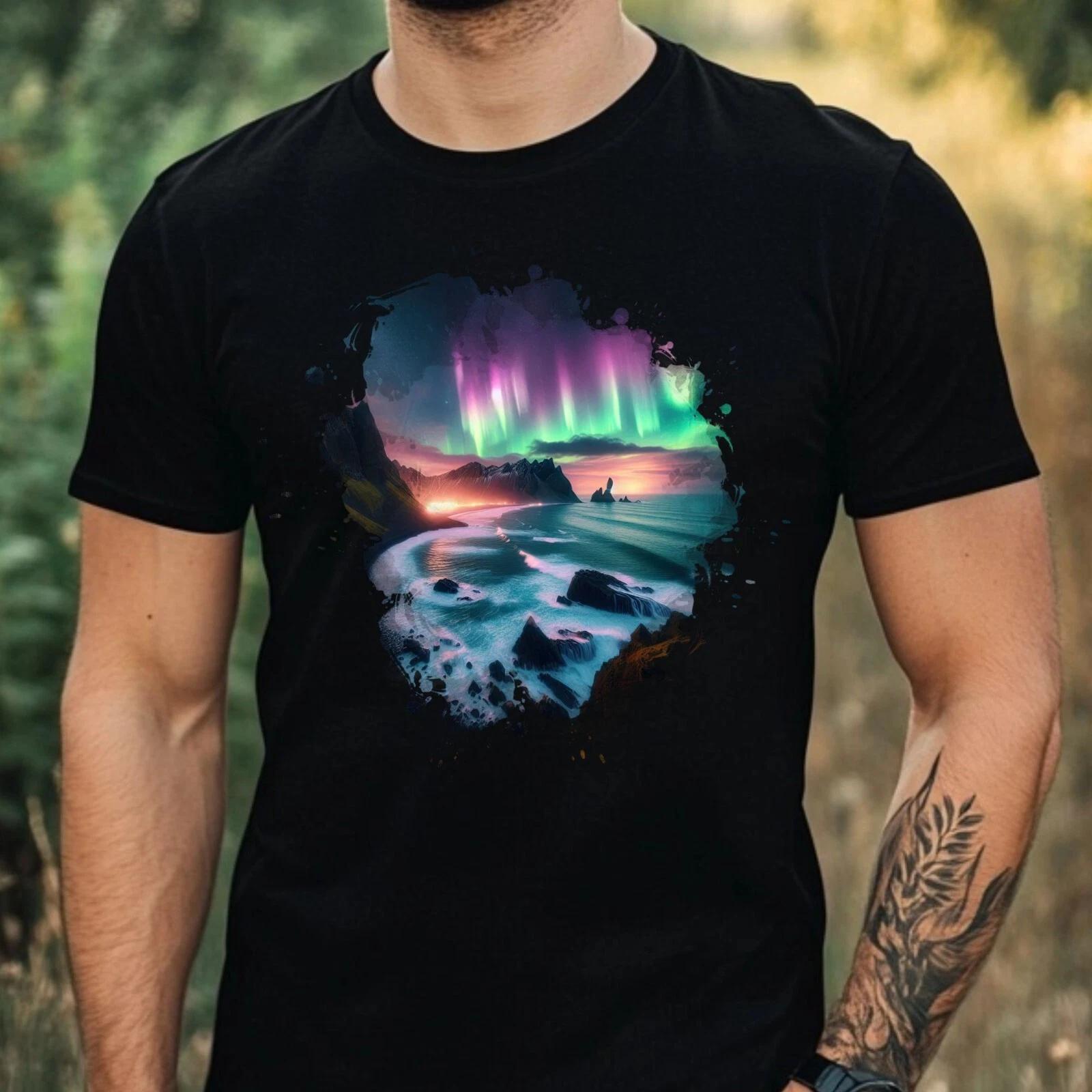 T-Shirt Herren Aquarell Nordlicht Motiv Baumwolle Größe XS bis 5XL L