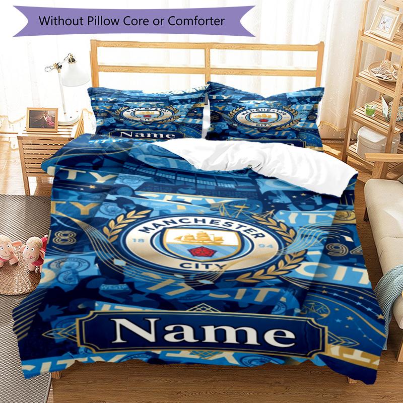 3pcs Duvet Cover Set (1*Duvet Cover + 2*Pillowcase, Without Core), Custom Name Manchester City Pattern Bedding Set, Home Bedroom Decor Gift