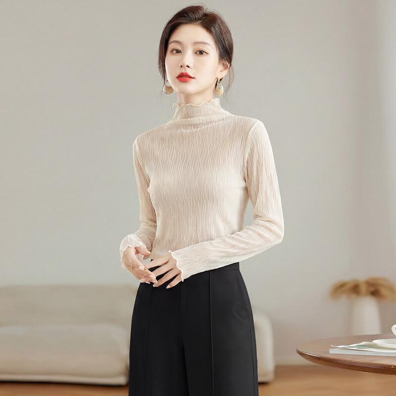 Women s Elegant Slim Fit Half-High Collar Long Sleeve Top OS