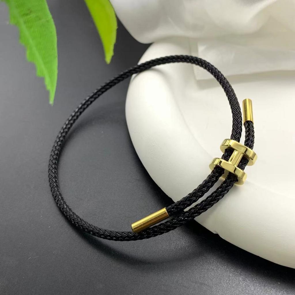 Bracciale in Corda d'Acciaio Inossidabile con Chiusura a H Regolabile, Oro Duro 3D, per Uomo e Donna