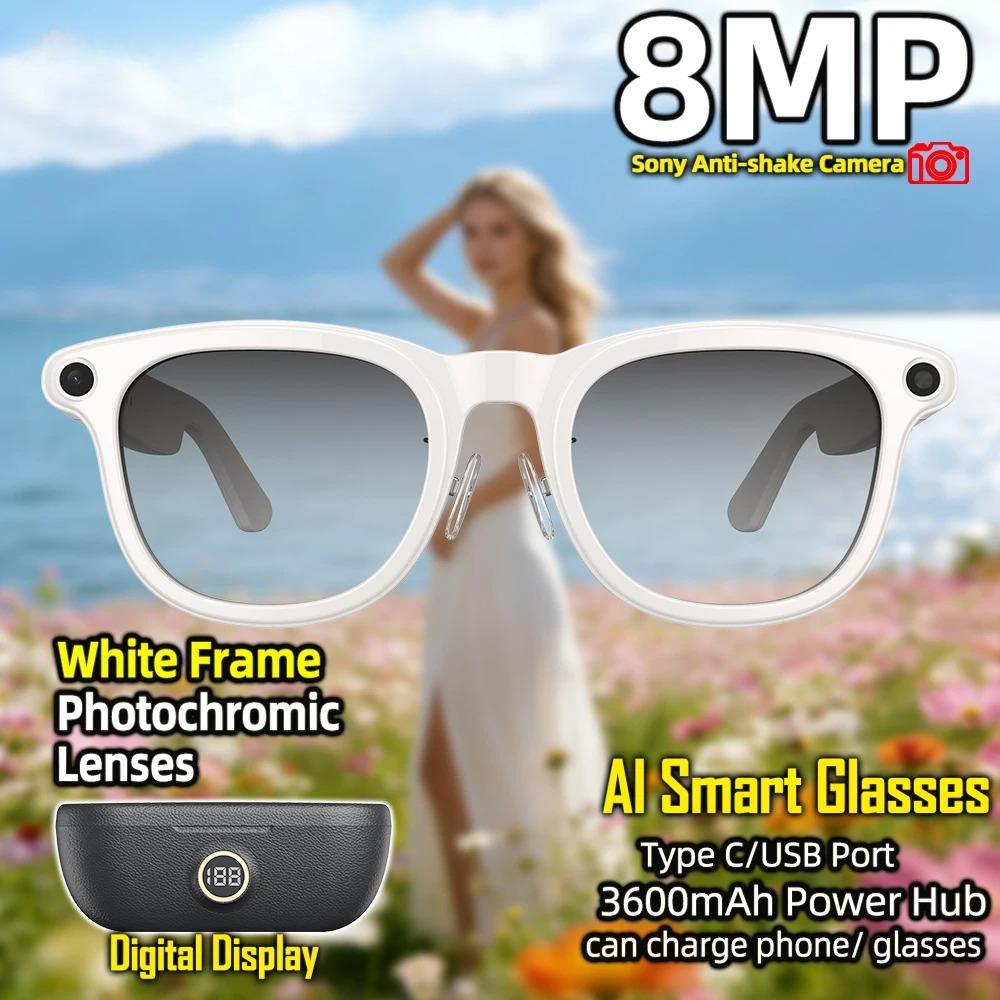 Nuovi Occhiali Intelligenti AI con Fotocamera Anti-shake a 6 Assi da 8MP, Riprese Video 1200P, Lenti Fotocromatiche, Power Bank da 220mAh con Display, Traduzione AI, Riproduzione Musicale