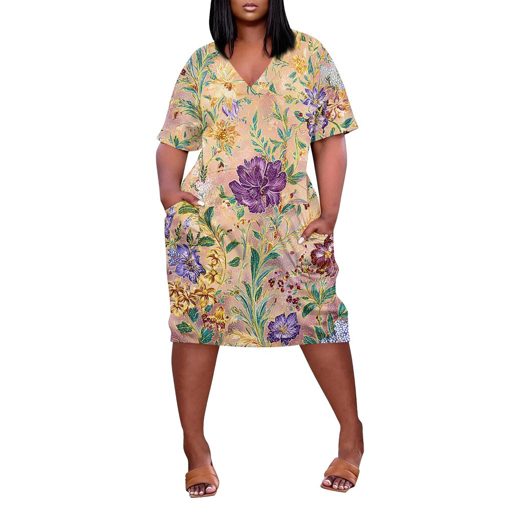 Letní nadměrné velikosti V výstřih krátký rukáv ke kolenům kapsa potisk ležérní šaty pro ženy