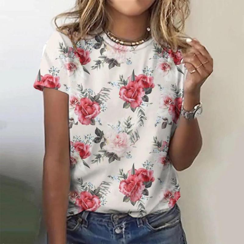 

Summer T-shirt with Floral Pattern, Round Neck Loose Top, Fashionable Short Sleeved Women s Party T-shirt XL