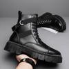 High -Top Motorcycle Tooling Boots Mid -Top Leather Boots Winter Plus Velvet Autumn Shoes Solid Color Men Waterproof British Style
