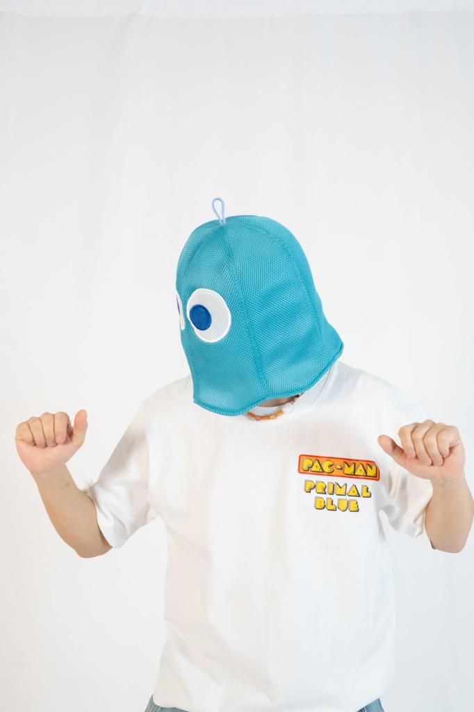 [Primal Blue] PAC-MAN 45th Anniversary Full-Face Ghost Sauna Hat featuring Pac-Man, Inky, Clyde, and Pinky (Inky / Light Blue)