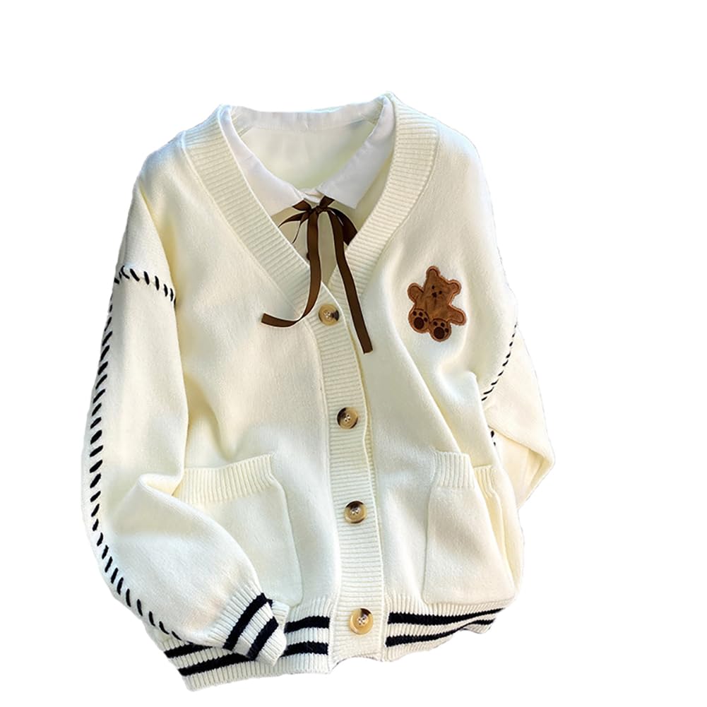 

Вязаный кардиган женский L-Stoppastow, повседневный, свободный, бежевый, свитер на весну/осень, V-образный вырез, вышивка, вязаная одежда в школьном стиле, посадка, бежевый