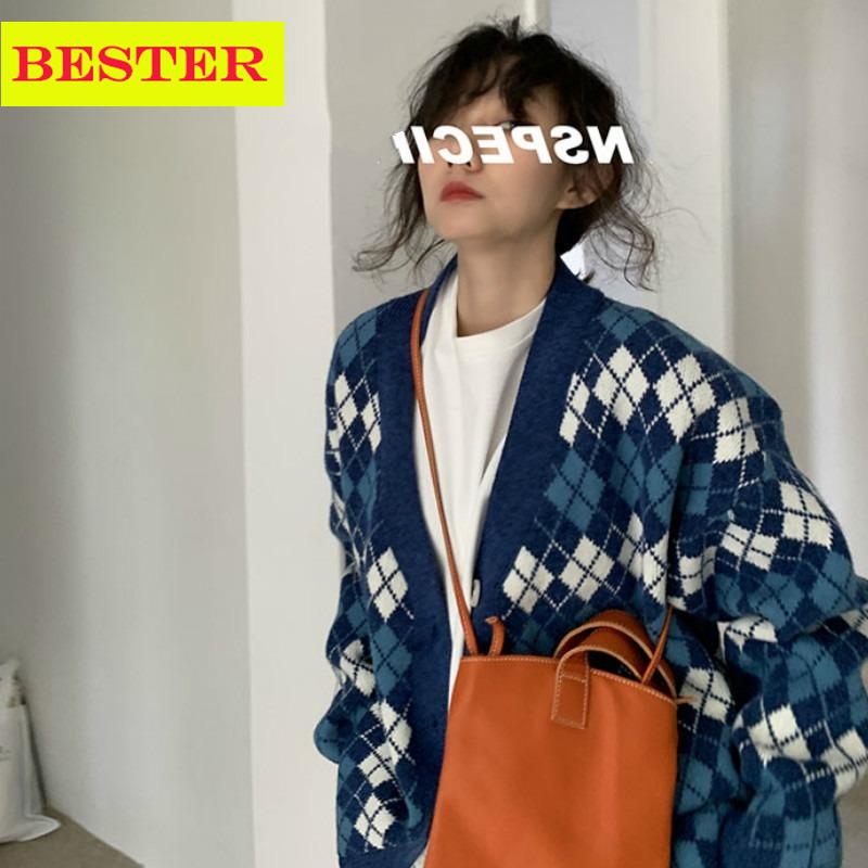 BF Ladies Cardigans Long Sleeve Knitted Argyle Sweater Women Korean Pink Sweaters Female Jumpers Cardigan Jacket with Buttons