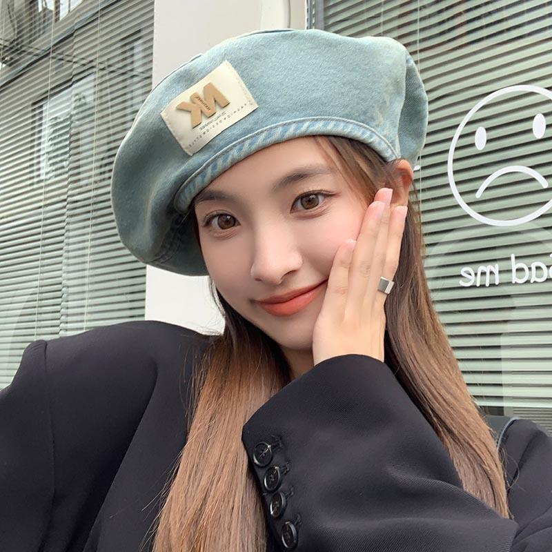 New Blue Denim Beret Women's Summer Autumn Big Head Circumference Showing Face Small Painter Hat Retro Octagonal Hat