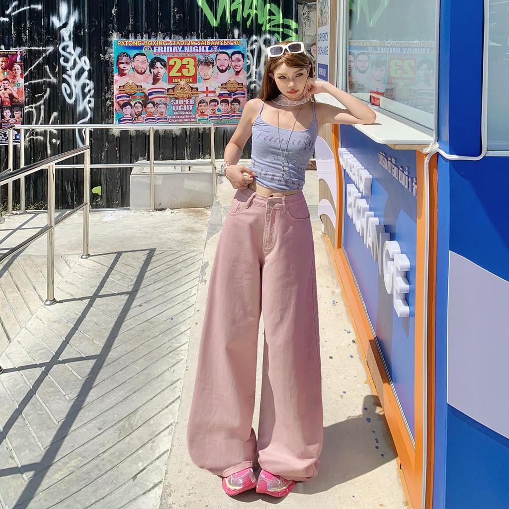 Early Spring Vintage High Waist Pink Saber Cut Relax Wide Leg Denim Pants For Ladies Casual Pants Oversize Denim Trousers