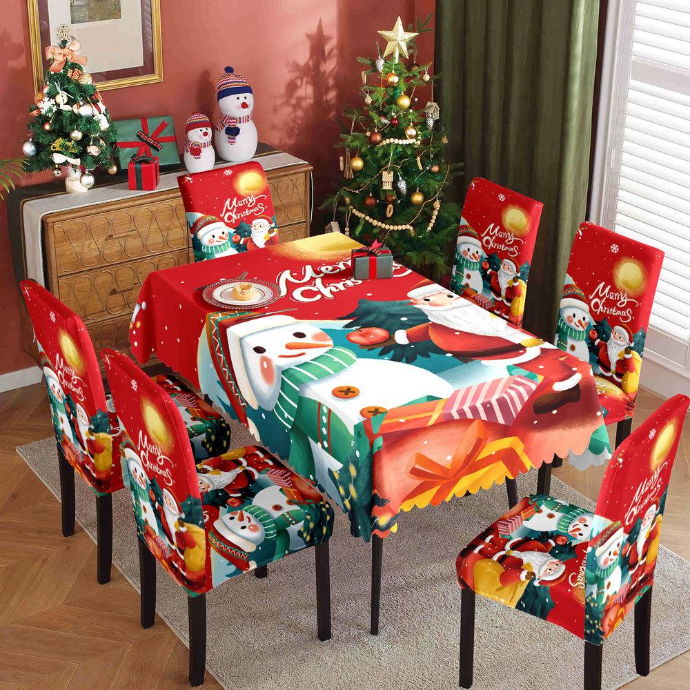 Christmas Waterproof Printed Tablecloth and Chair Covers Set Holiday Dining Decor for Home