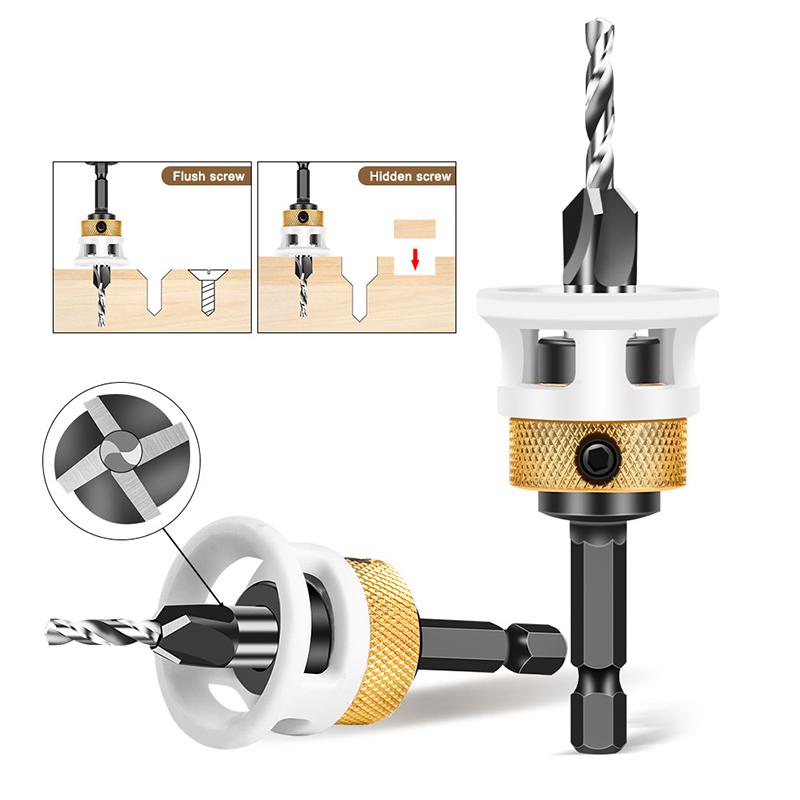 1 buc Limitator pentru prelucrarea lemnului Freză cu alezor cu patru muchii Cap din aliaj Burghiu cu gaură conică Adâncime reglabilă Burghiu în trepte Alezor pentru șuruburi ascunse