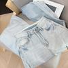 Korean Style Elegant Pearl Waist Rhinestone Light Jeans - Women's High Waist Straight Slimming Wide Leg Pants