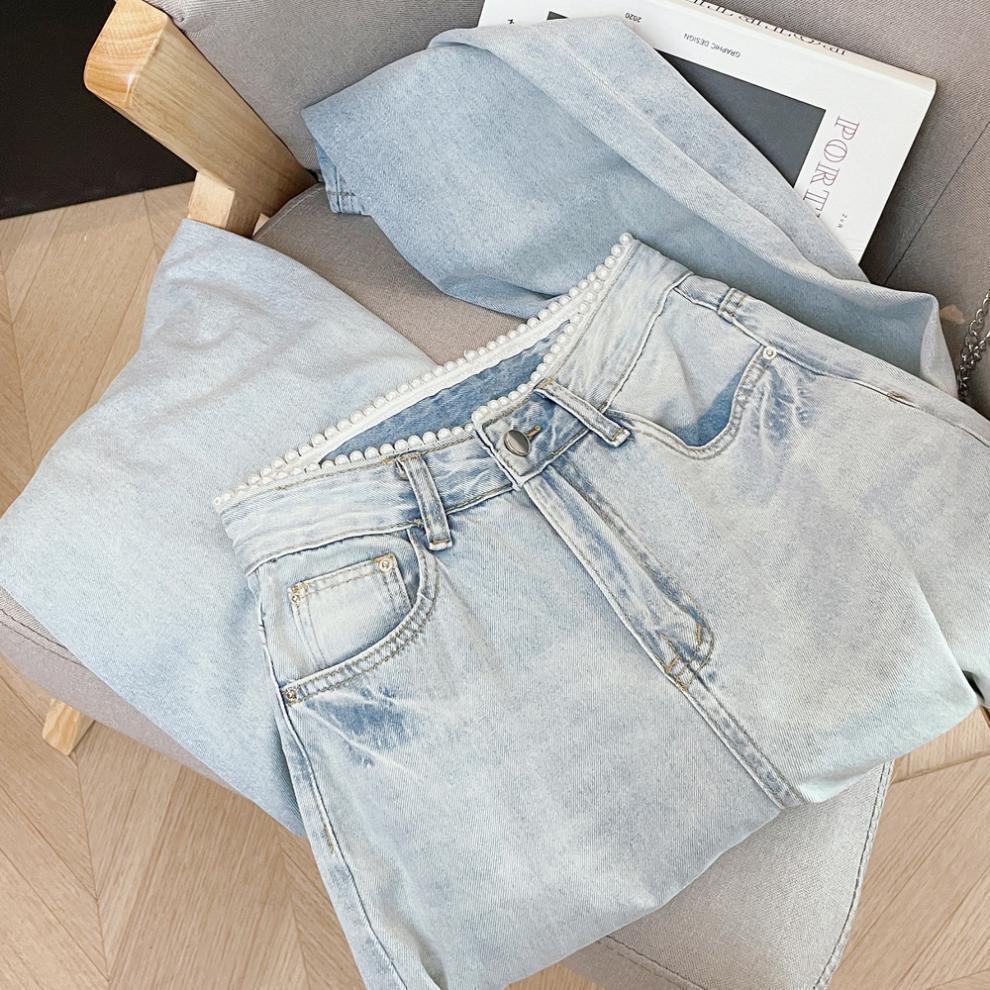Korean Style Elegant Pearl Waist Rhinestone Light Jeans - Women's High Waist Straight Slimming Wide Leg Pants