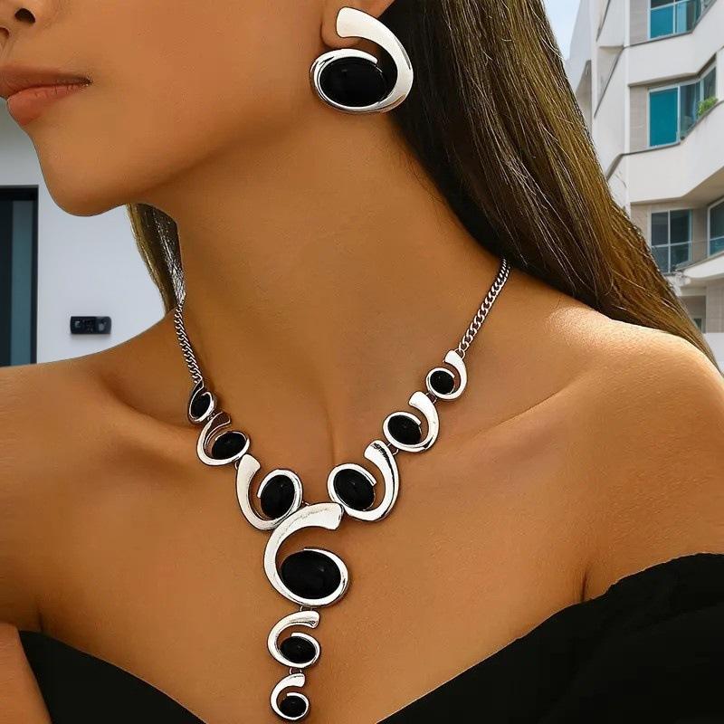 1 Sada Boho Klasická 2ks Dámská šperková sada, Tvar spirály šneka s černou kamínkovou intarzií, Y-náhrdelník a náušnice