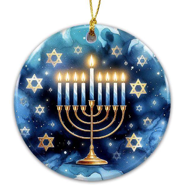 Hanukkah Menorah Ornament – Blue & Gold Ceramic Round Holiday Decoration with Star of David – Festival of Lights Ornament, Je Keepsake for Home,