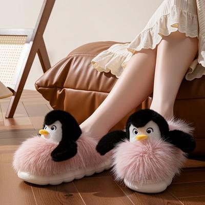 New Fluffy Ballet-dancing Penguin Cotton Slippers Women Adorable Hug Animal Design Fur Slides Winter Warm Indoor Bedroom Shoes
