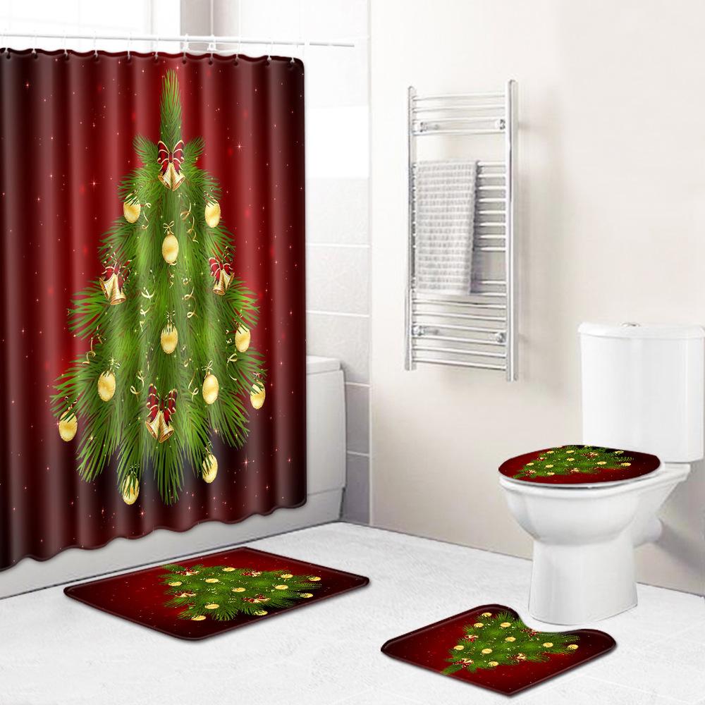 Christmas Shower Curtain Floor Mat Combination Four-Piece Set Bathroom Toilet Carpet Shower Room Mat Foot Mat