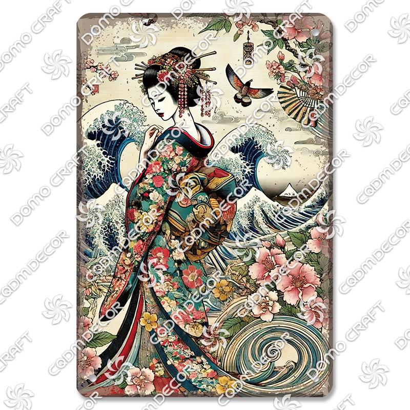 Retro Japanischer Stil Poster Metall Blechschilder Kimono Schönheiten Japanischer Samurai Vintage Metallplatte Wanddeko Club Bar Man Cave