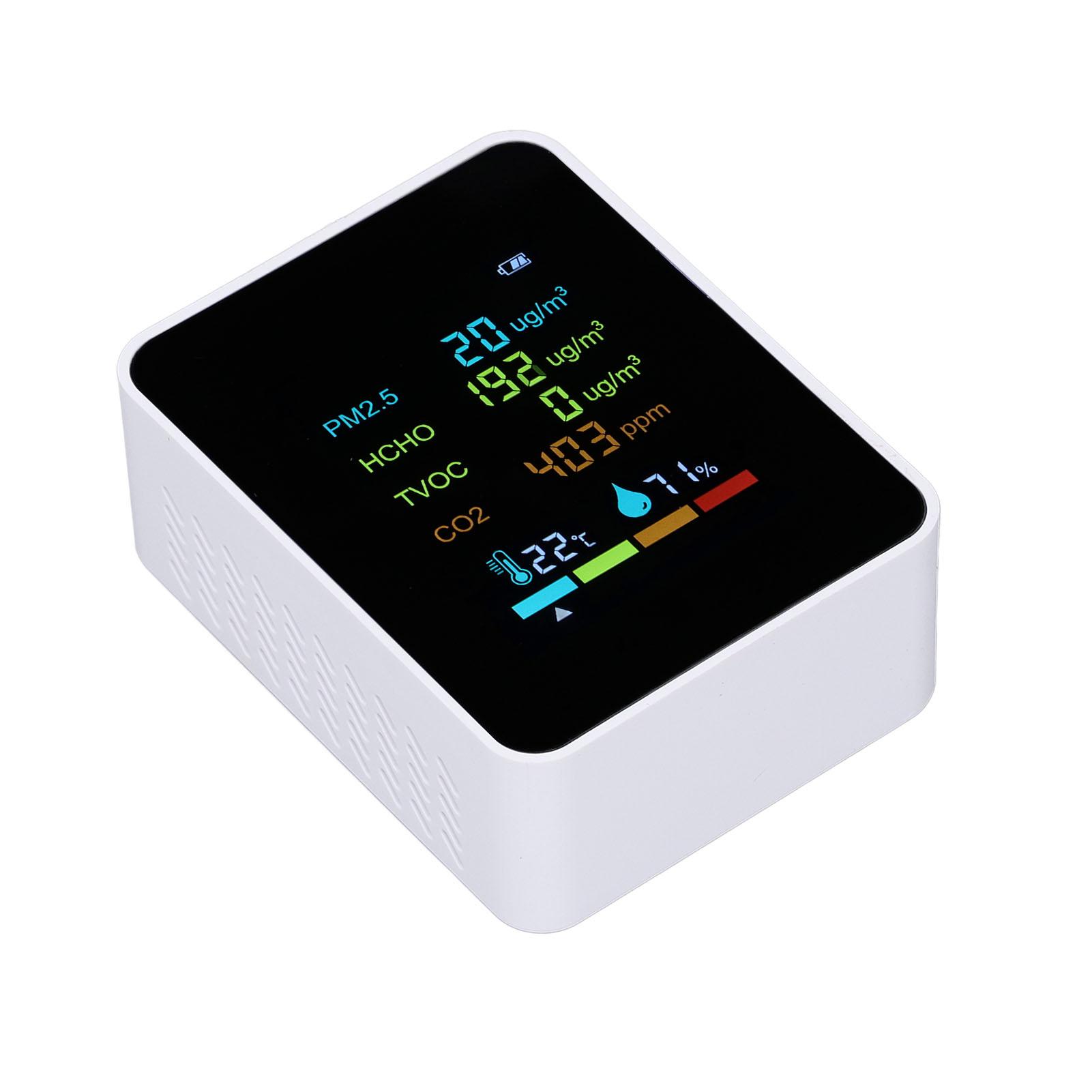 

Измеритель качества воздуха с цифровым дисплеем Детектор частиц PM2.5 HCHO TVOC CO2 Монитор со встроенной батареей