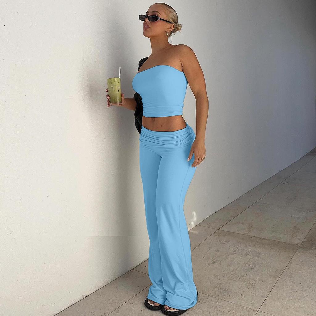 Women's Spring 2025 Solid Strapless Top and Flared Pants Slimming Fashion Set