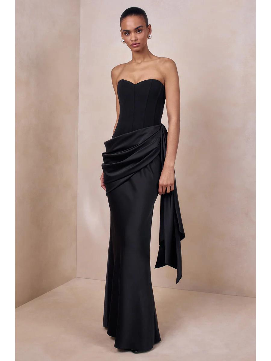 2026 Элегантное официальное платье без бретелек с акцентом на талии - Европейский и американский стиль, Однотонное, Необычный дизайн Small чёрный