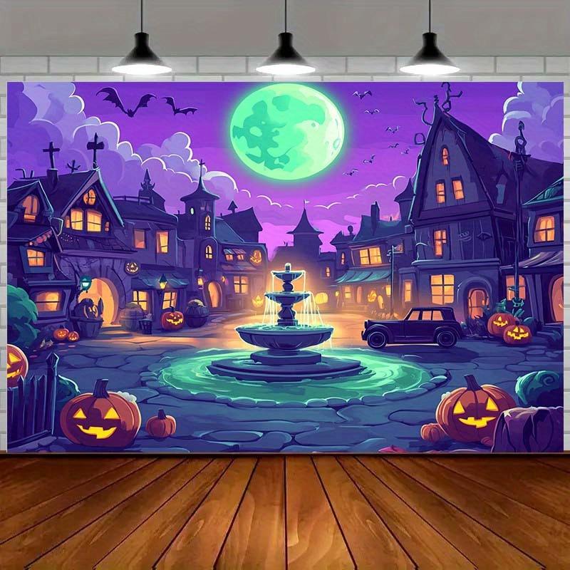 1 2D flaches Halloween-Kürbisdorf-Hintergrundstoff, mit einem Mond und einem Brunnen | Horror-Partydekoration