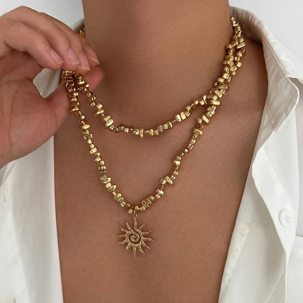 Salircon Vintage Masivní Špirálový Sluneční Přívěsek Náhrdelník Pánský Boho Etnický Slunečnice Vícevrstvý Náhrdelník Šperky na Dovolenou u Moře Dárky