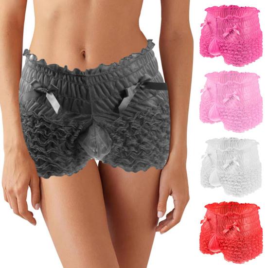 Men Sexy High Waist Underwear Mesh Lace Shorts Panties with Bowknot Decor Solid