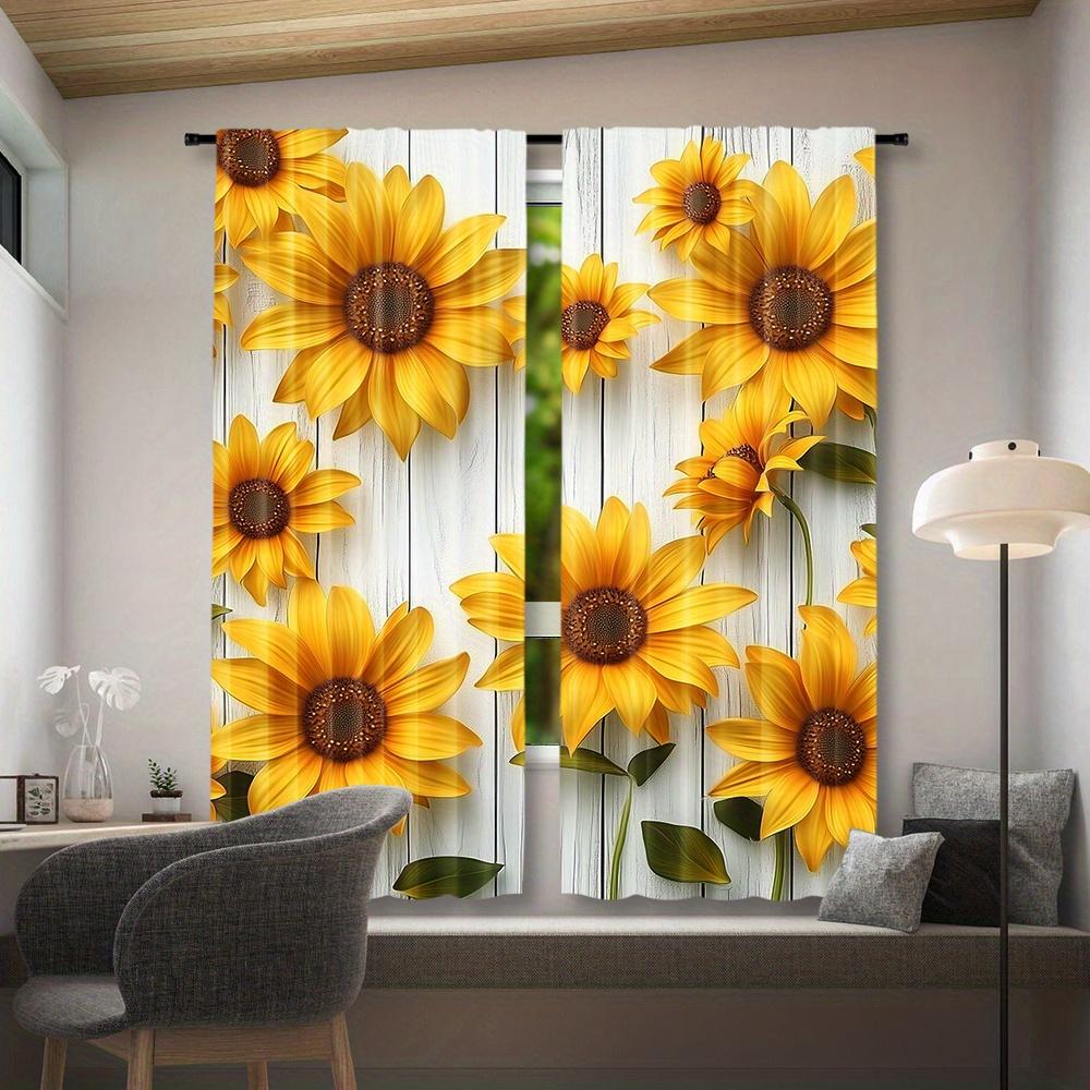 2pcs, Oil Painting Sunflower White Wooden Curtains, Curtains Rod Pocket Window for Bedroom Living Room Kitchen Office Home Decor