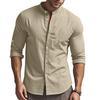 Men Cotton Linen Shirt Long Sleeve Button Down Shirt Band Collar Casual Summer Shirt