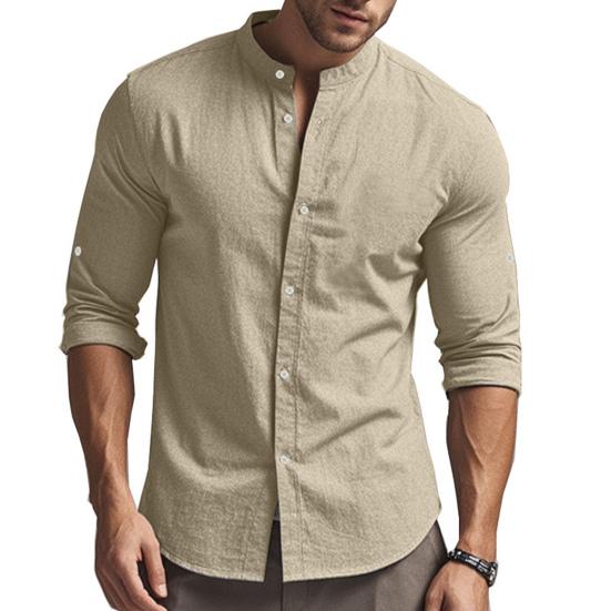 Men Cotton Linen Shirt Long Sleeve Button Down Shirt Band Collar Casual Summer Shirt