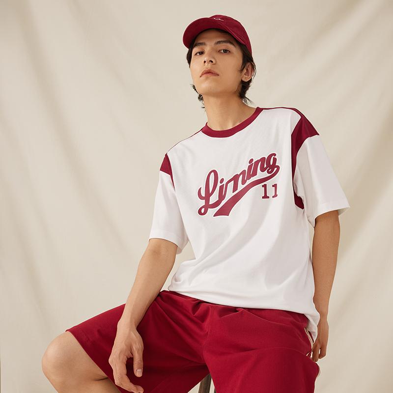 Li-Ning American Vintage Letter Print Color Block Loose Round Neck Short Sleeve Drop Shoulder T-Shirt Unisex T-Shirt Off-White AHST855-3