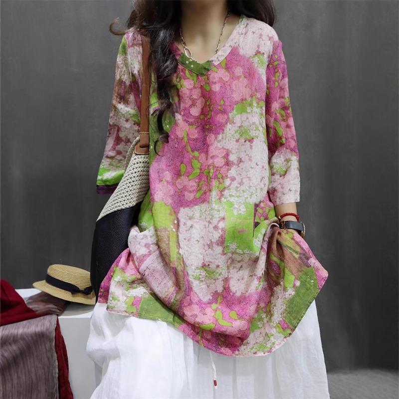 Women Vintage Loose V Neck Printed 3 4 Sleeve Casual Pullover Shirt M розовый