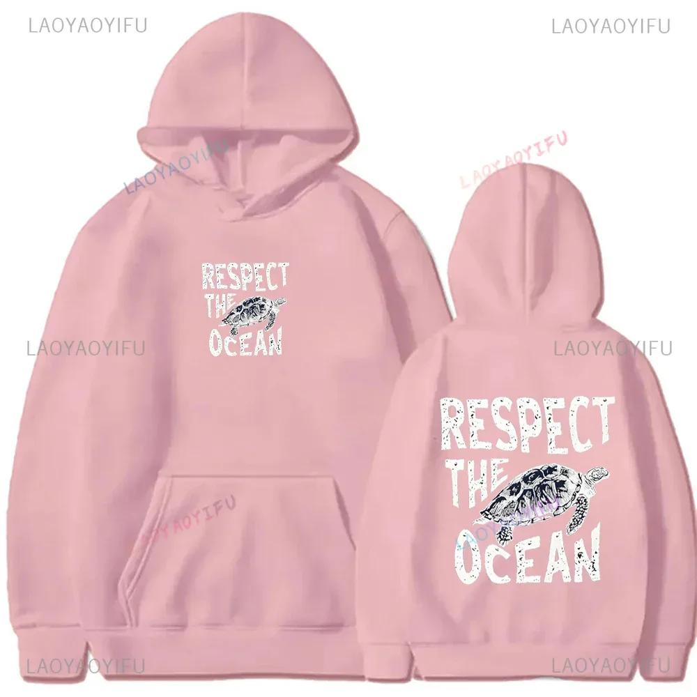 Respect The Ocean Hoodie - Ocean Surf Hoodie Carolina Blue Hoodie Words on Back Turtle Sweatshirt for Outdoor Enthusiasts